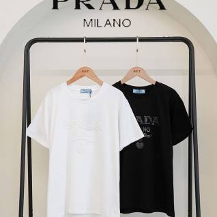 프라다 레플리카 수입 여성 스팽클 로고 반팔 라운드 티셔츠 | 명품 레플리카